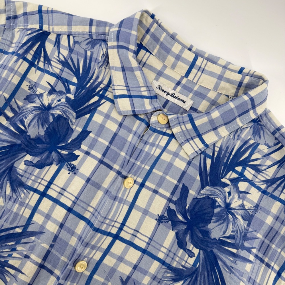 Tommy Bahama Shirt Mens XXL Blue White Plaid Floral Hibiscus Short Sleeve Button
